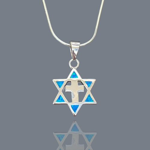Blue Opal Davidic Cross Necklace - HebrewRootsMarket